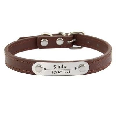 Brown leather dog collar with a silver nameplate